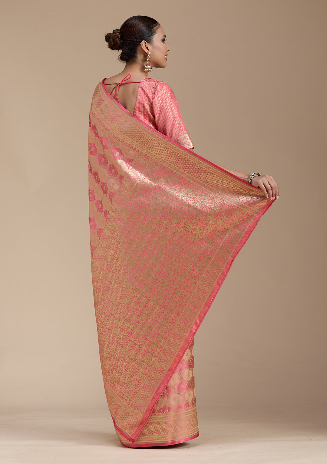Peach Silk Jaal Gold Zariwork Saree With Matching Blouse Piece