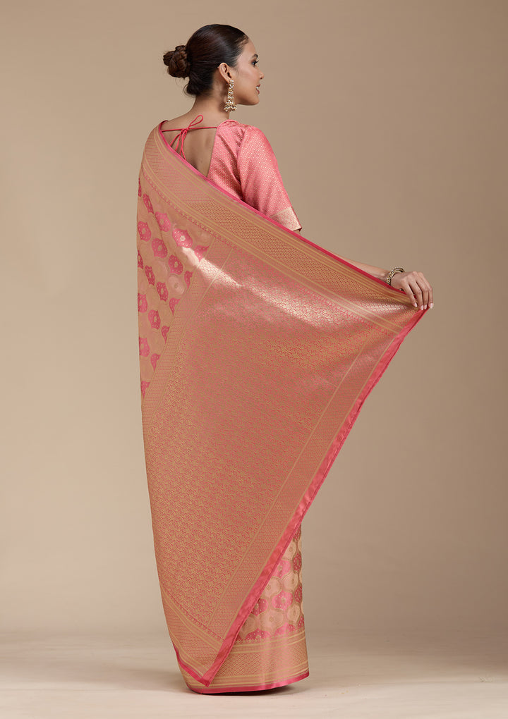 Peach Silk Jaal Gold Zariwork Saree With Matching Blouse Piece