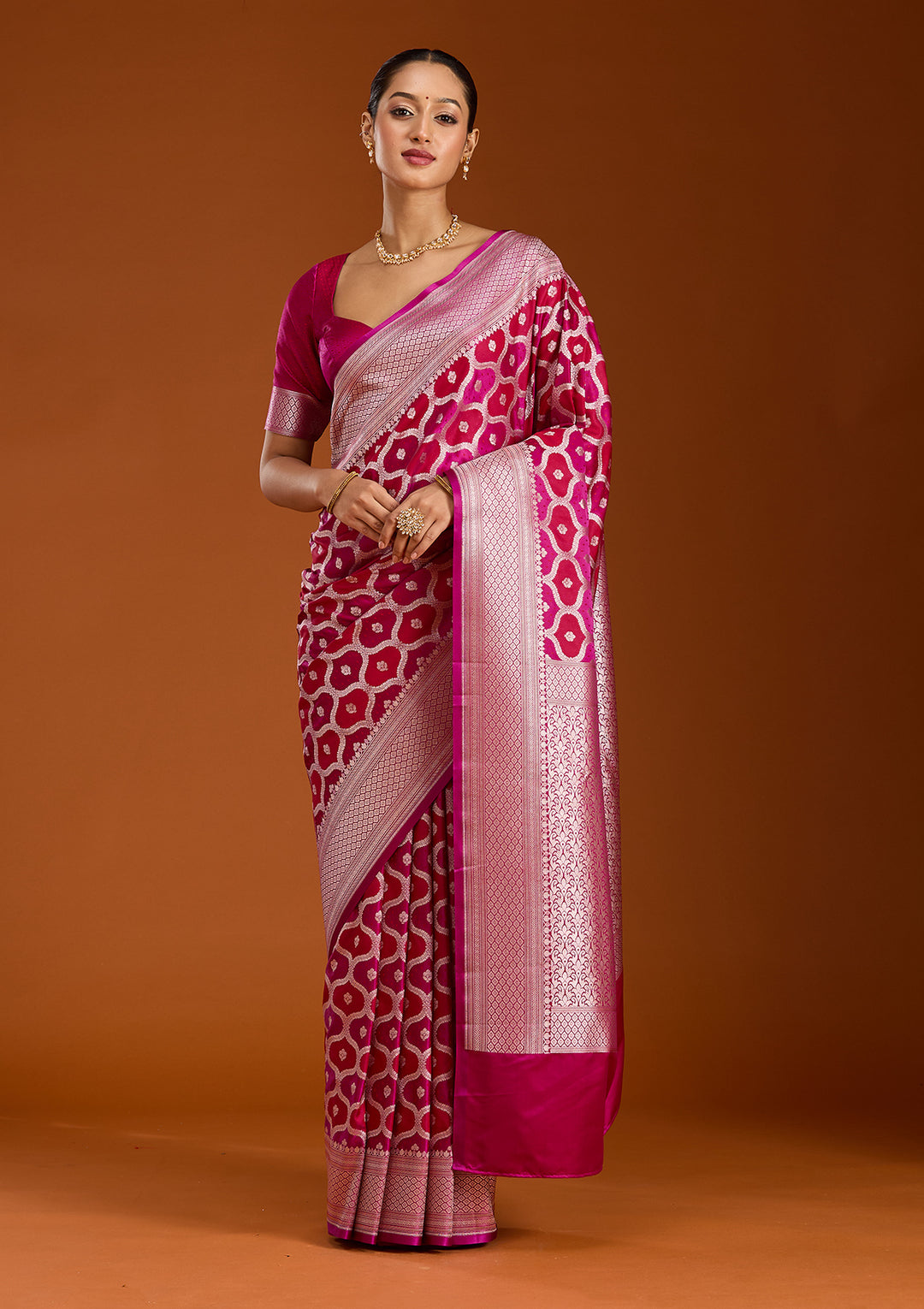 Wine Silk Jaal Gold Zariwork Saree With Matching Blouse Piece