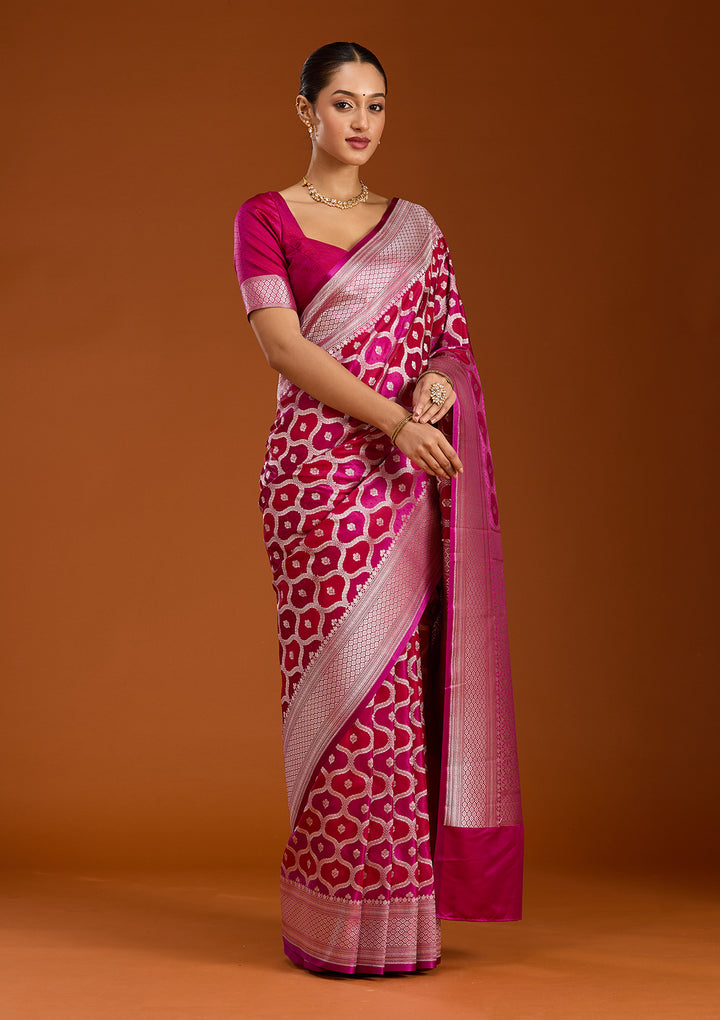 Wine Silk Jaal Gold Zariwork Saree With Matching Blouse Piece