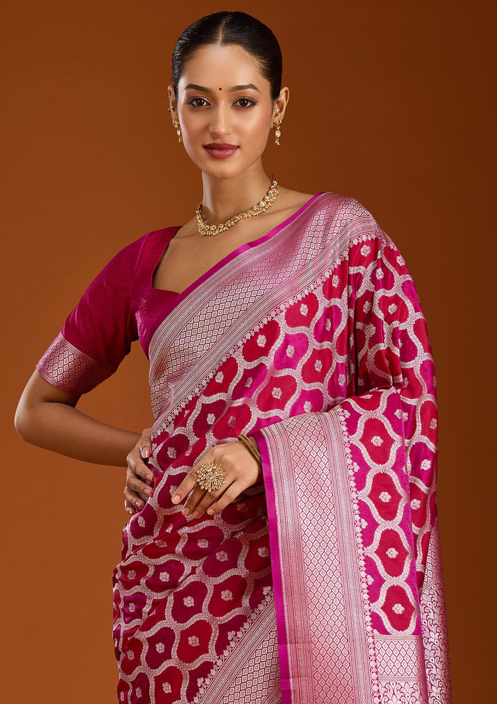 Wine Silk Jaal Gold Zariwork Saree With Matching Blouse Piece