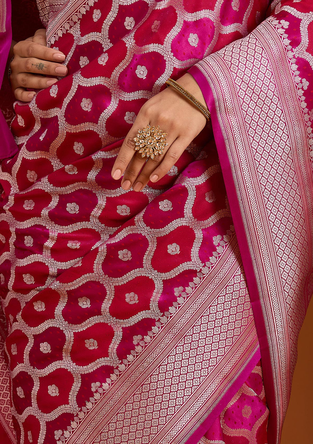 Wine Silk Jaal Gold Zariwork Saree With Matching Blouse Piece