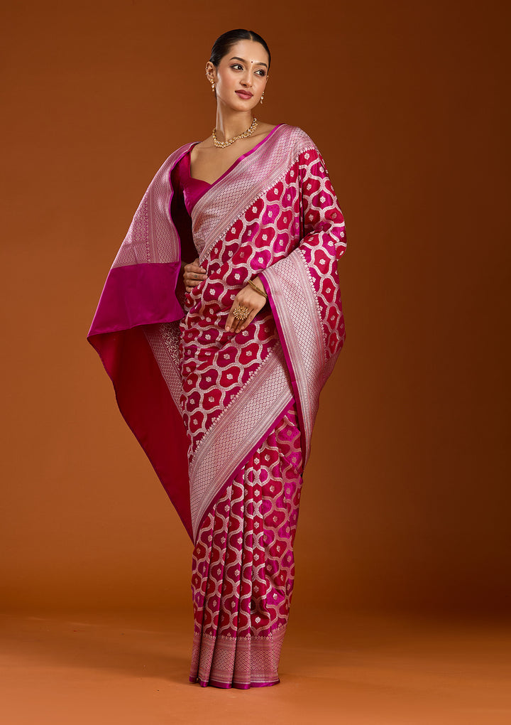 Wine Silk Jaal Gold Zariwork Saree With Matching Blouse Piece