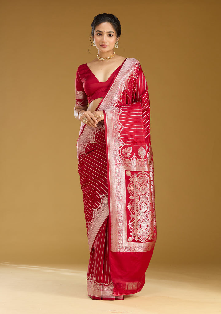 Maroon Silk Stripes Gold Zariwork Saree With Matching Blouse Piece