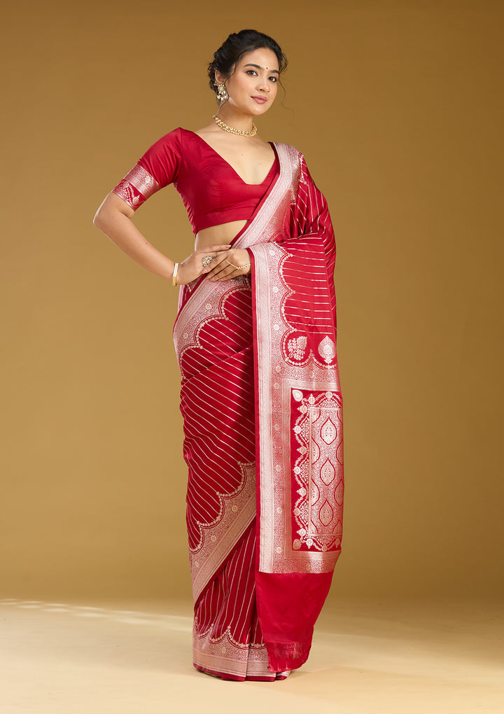 Maroon Silk Stripes Gold Zariwork Saree With Matching Blouse Piece