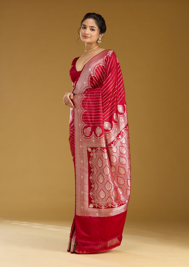 Maroon Silk Stripes Gold Zariwork Saree With Matching Blouse Piece