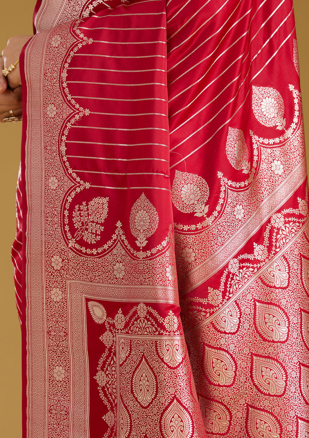 Maroon Silk Stripes Gold Zariwork Saree With Matching Blouse Piece