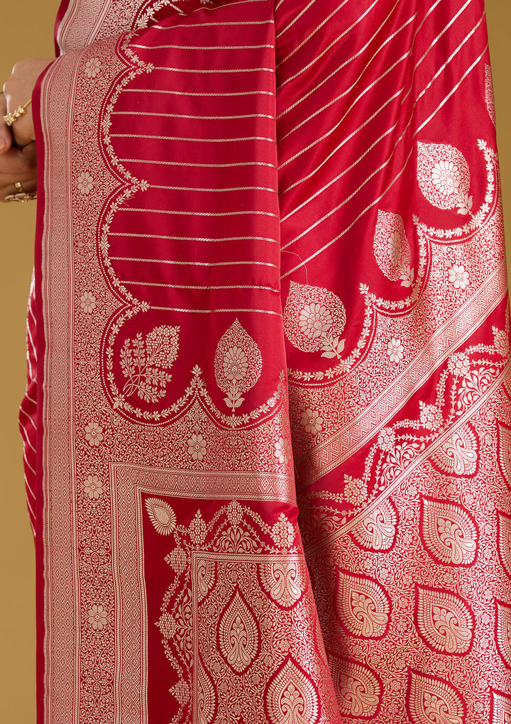 Maroon Silk Stripes Gold Zariwork Saree With Matching Blouse Piece
