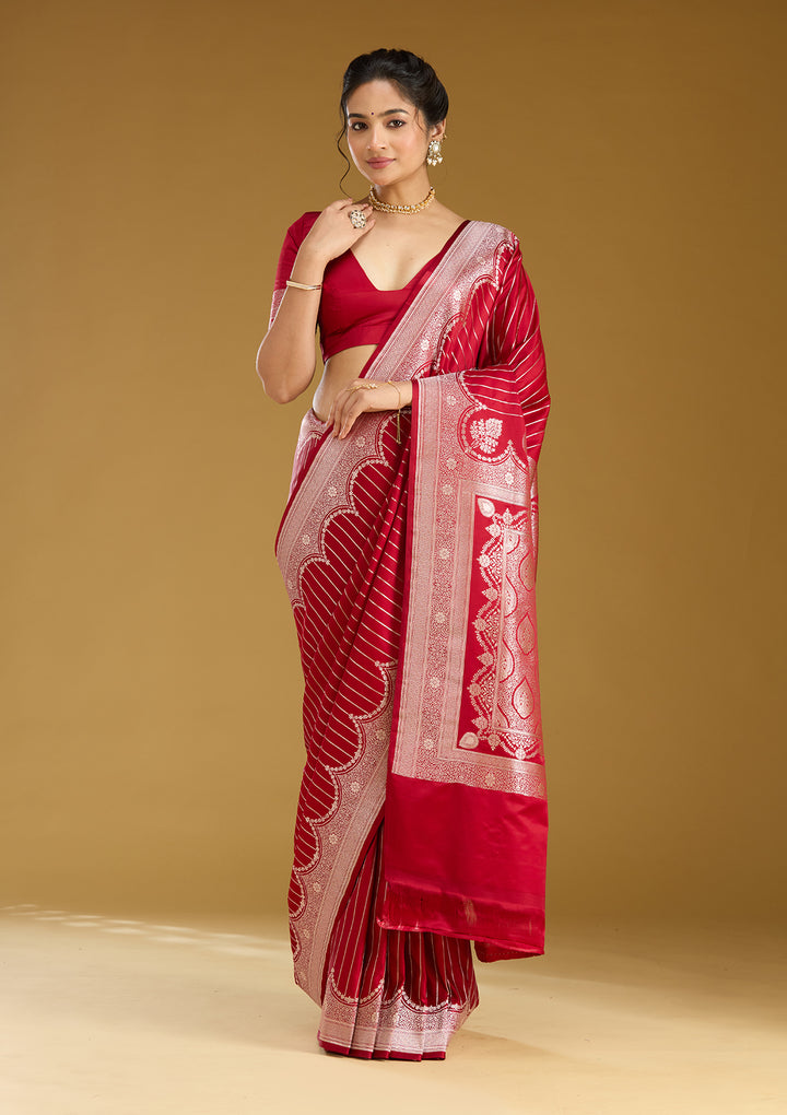 Maroon Silk Stripes Gold Zariwork Saree With Matching Blouse Piece