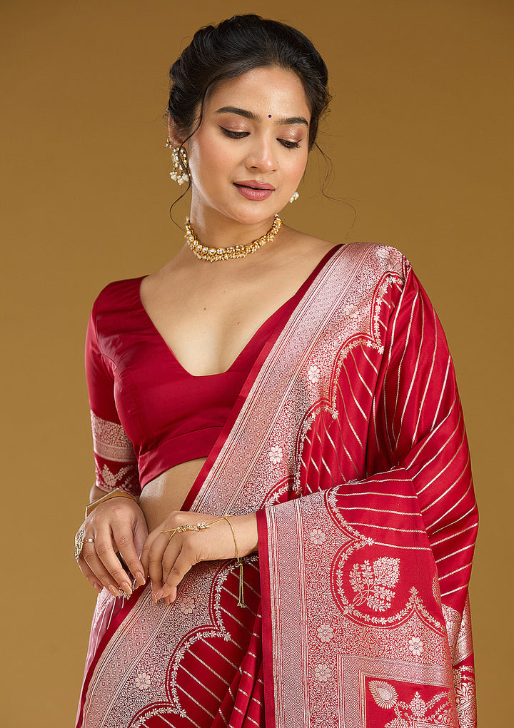 Maroon Silk Stripes Gold Zariwork Saree With Matching Blouse Piece
