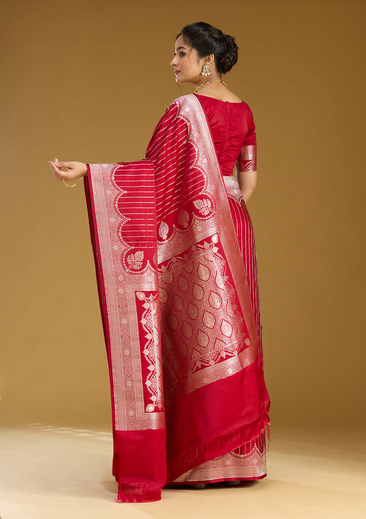 Maroon Silk Stripes Gold Zariwork Saree With Matching Blouse Piece