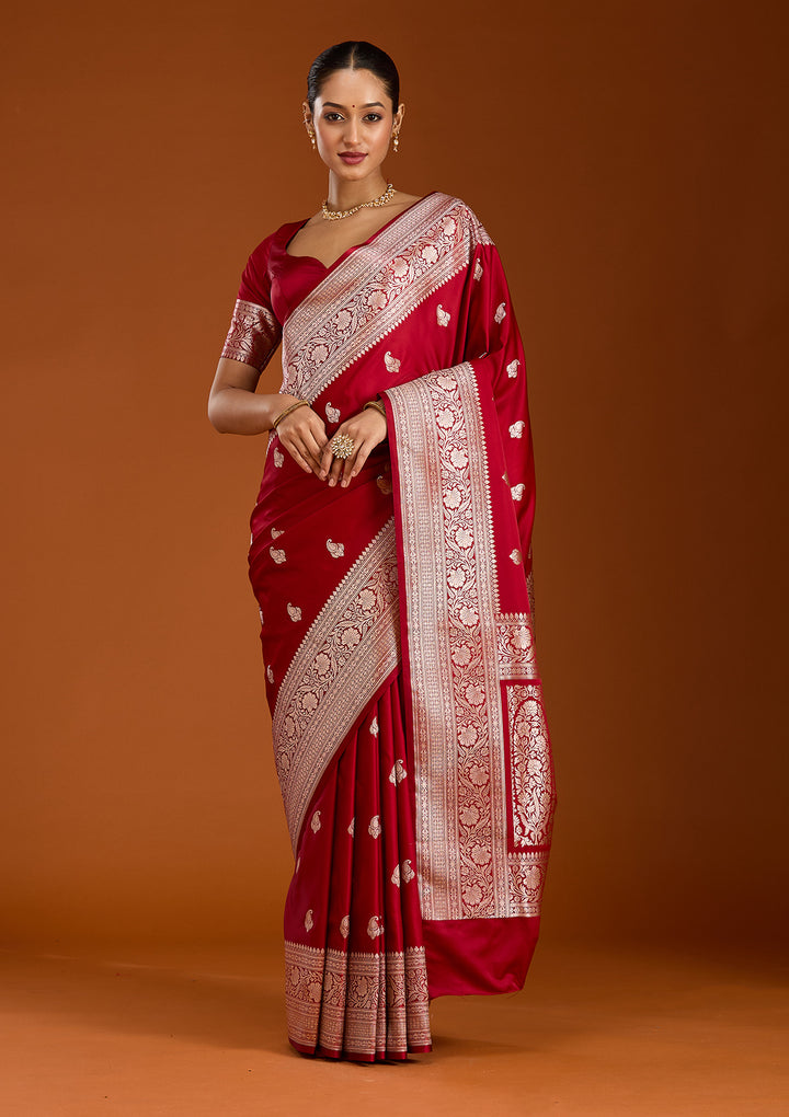 Maroon Silk Jaal Gold Zariwork Saree With Matching Blouse Piece
