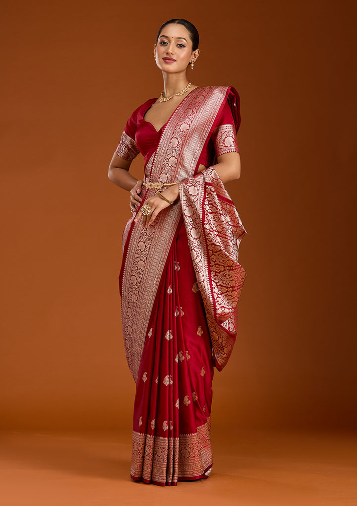 Maroon Silk Jaal Gold Zariwork Saree With Matching Blouse Piece