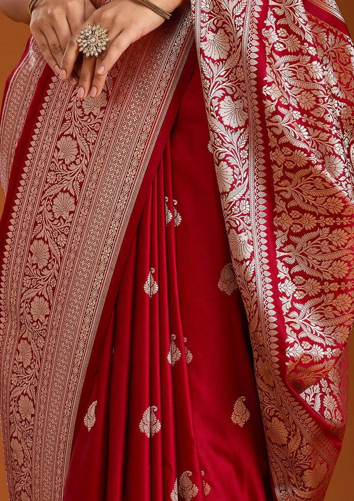Maroon Silk Jaal Gold Zariwork Saree With Matching Blouse Piece