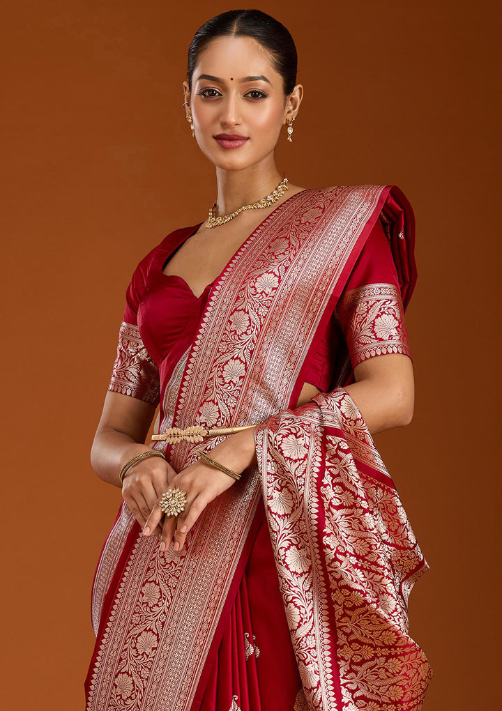 Maroon Silk Jaal Gold Zariwork Saree With Matching Blouse Piece