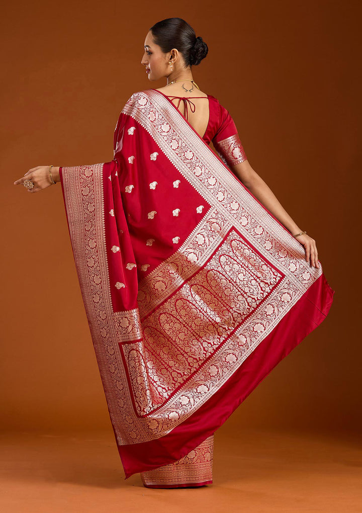 Maroon Silk Jaal Gold Zariwork Saree With Matching Blouse Piece