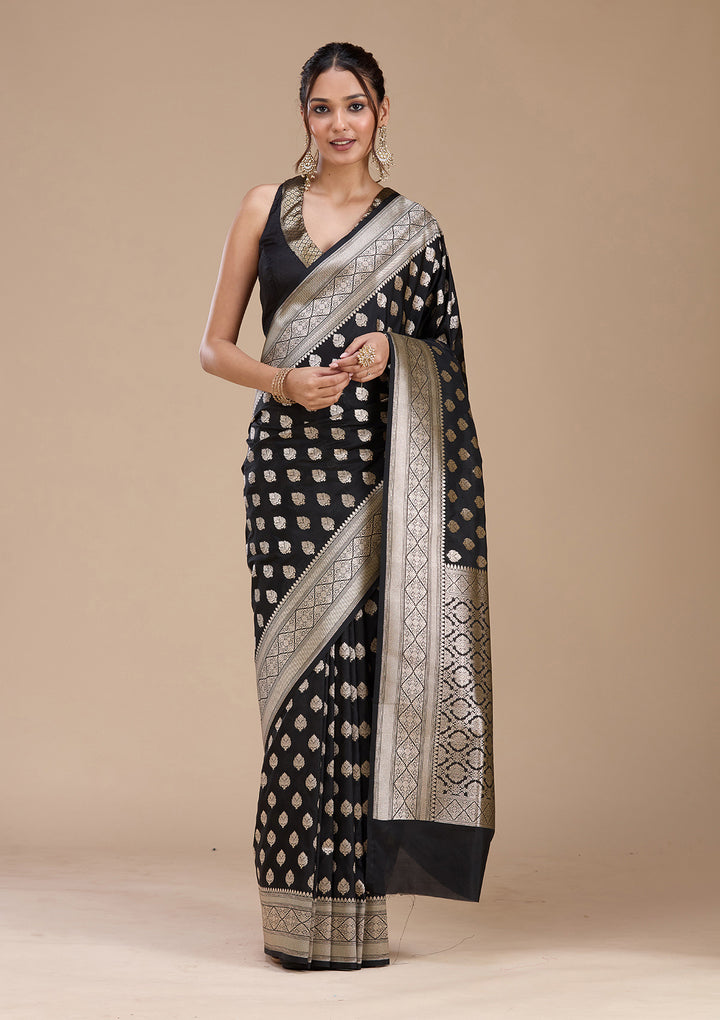 Black Silk Jaal Gold Zariwork Saree With Matching Blouse Piece