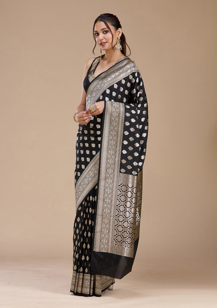 Black Silk Jaal Gold Zariwork Saree With Matching Blouse Piece