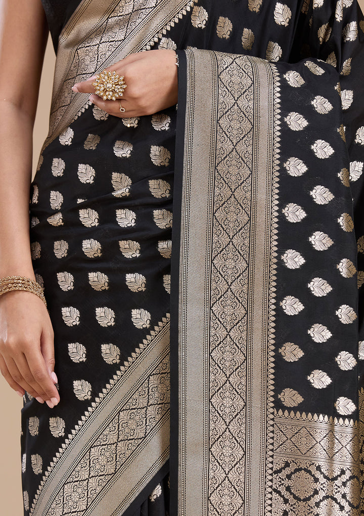 Black Silk Jaal Gold Zariwork Saree With Matching Blouse Piece