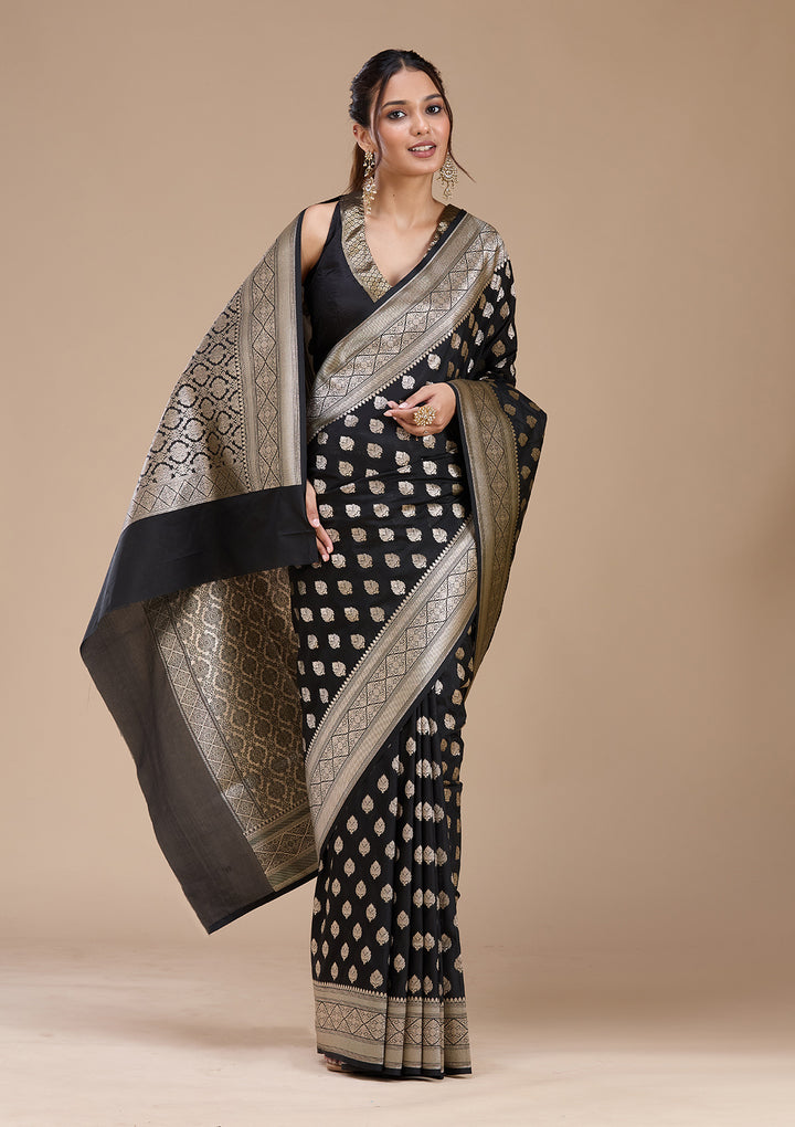 Black Silk Jaal Gold Zariwork Saree With Matching Blouse Piece