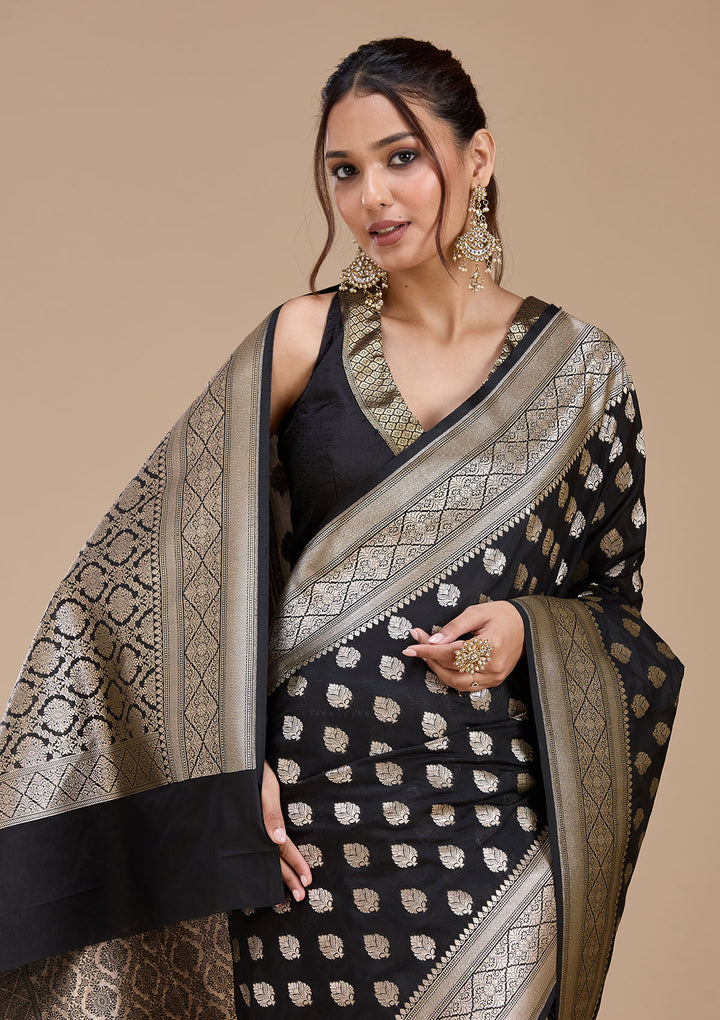 Black Silk Jaal Gold Zariwork Saree With Matching Blouse Piece
