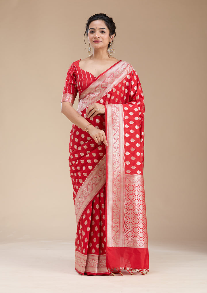 Red Silk Jaal Gold Zariwork Saree With Matching Blouse Piece