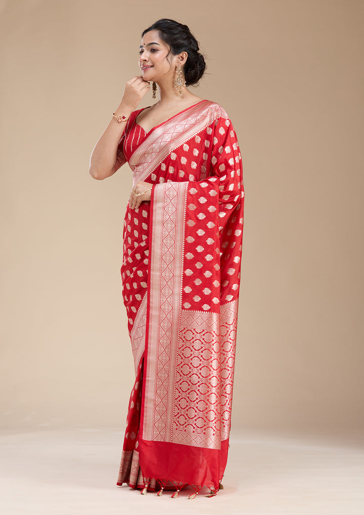 Red Silk Jaal Gold Zariwork Saree With Matching Blouse Piece
