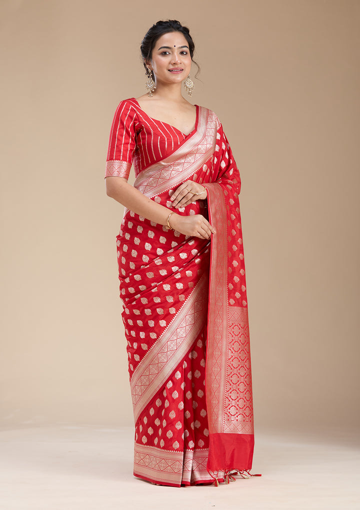 Red Silk Jaal Gold Zariwork Saree With Matching Blouse Piece