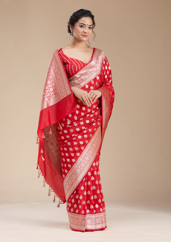 Red Silk Jaal Gold Zariwork Saree With Matching Blouse Piece