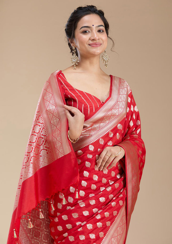 Red Silk Jaal Gold Zariwork Saree With Matching Blouse Piece