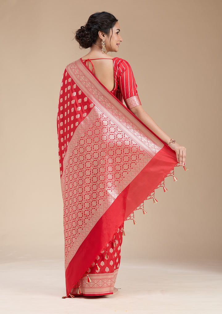 Red Silk Jaal Gold Zariwork Saree With Matching Blouse Piece