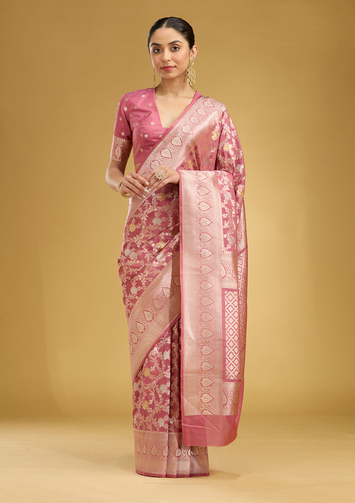 Mauve Silk Jaal Gold Zariwork Saree With Matching Blouse Piece