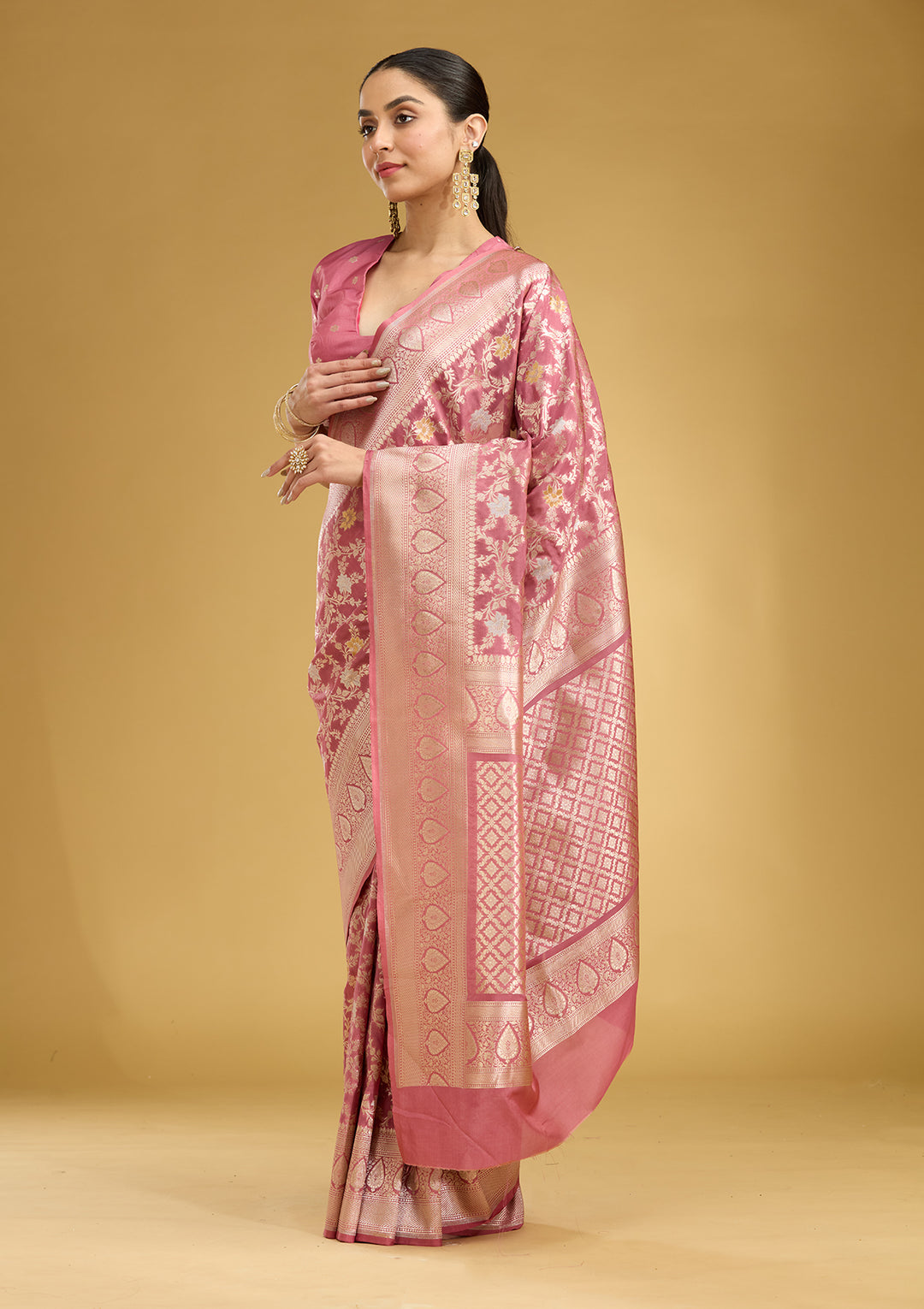 Mauve Silk Jaal Gold Zariwork Saree With Matching Blouse Piece