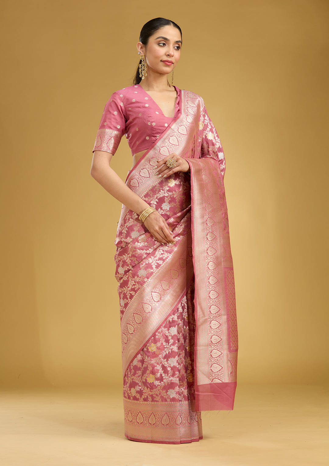 Mauve Silk Jaal Gold Zariwork Saree With Matching Blouse Piece