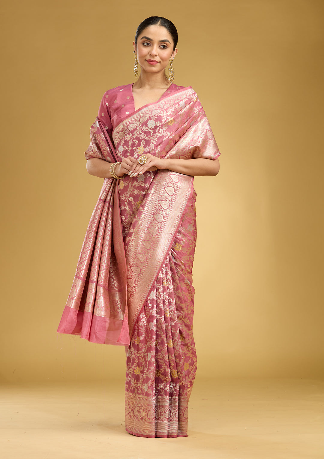 Mauve Silk Jaal Gold Zariwork Saree With Matching Blouse Piece