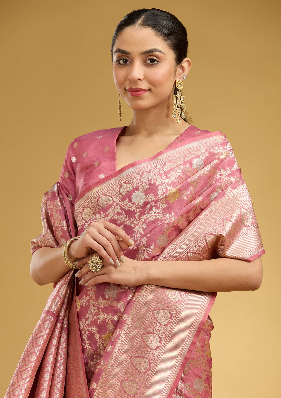 Mauve Silk Jaal Gold Zariwork Saree With Matching Blouse Piece