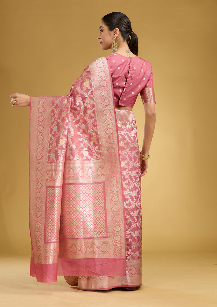 Mauve Silk Jaal Gold Zariwork Saree With Matching Blouse Piece