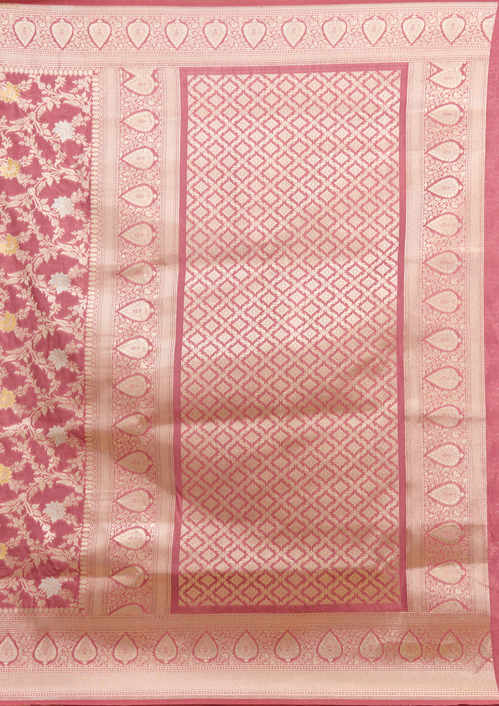 Mauve Silk Jaal Gold Zariwork Saree With Matching Blouse Piece