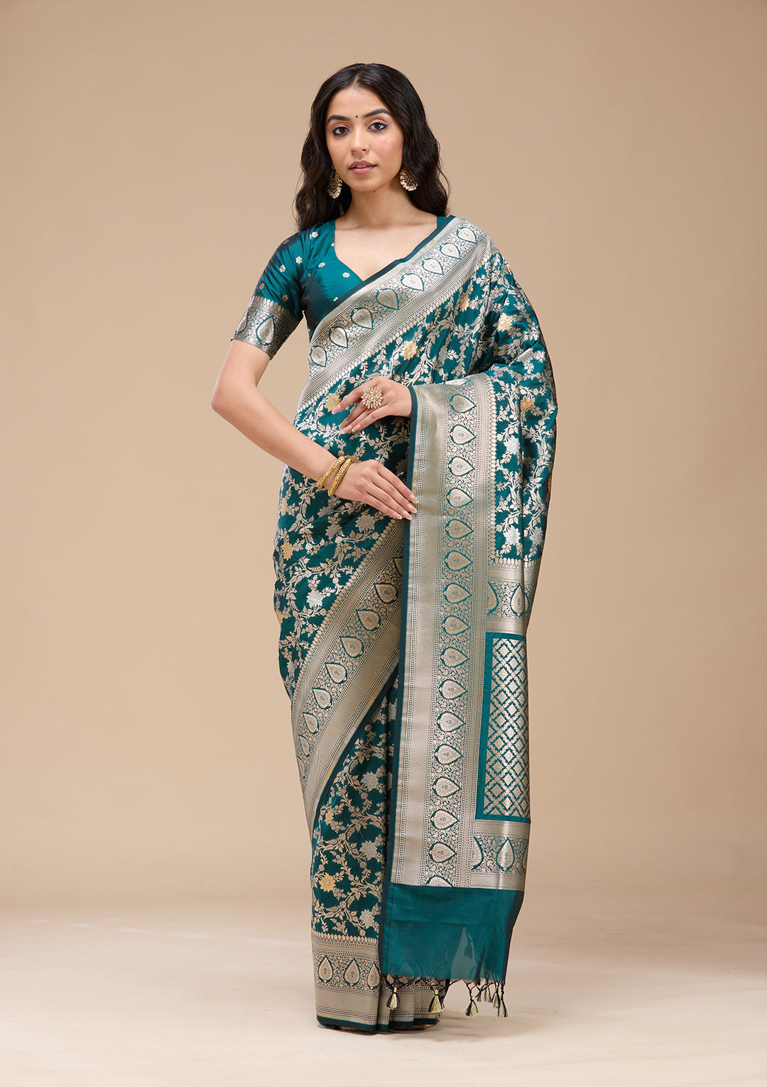 Peacock Blue Silk Jaal Gold Zariwork Saree With Matching Blouse Piece