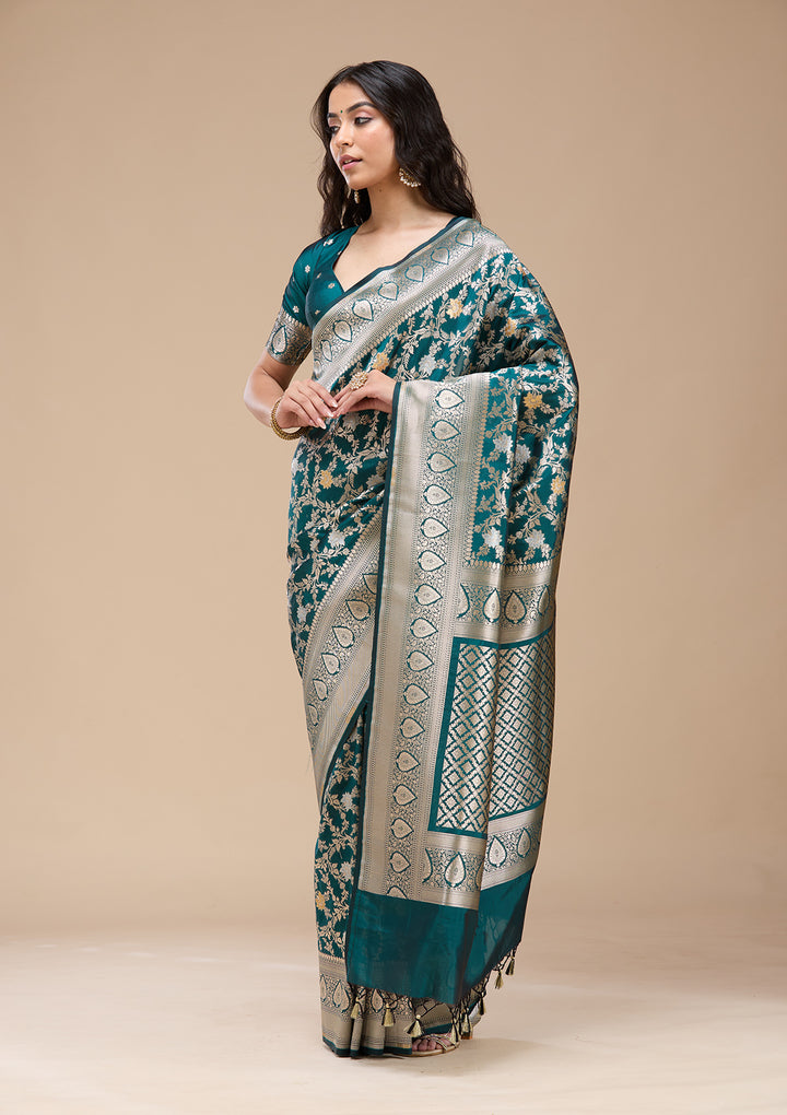 Peacock Blue Silk Jaal Gold Zariwork Saree With Matching Blouse Piece