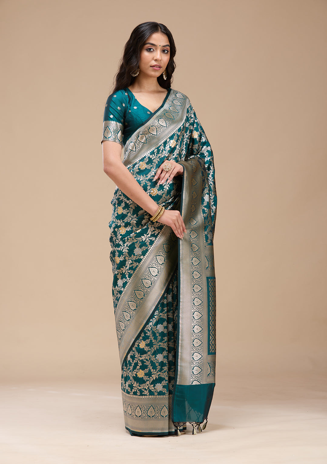 Peacock Blue Silk Jaal Gold Zariwork Saree With Matching Blouse Piece