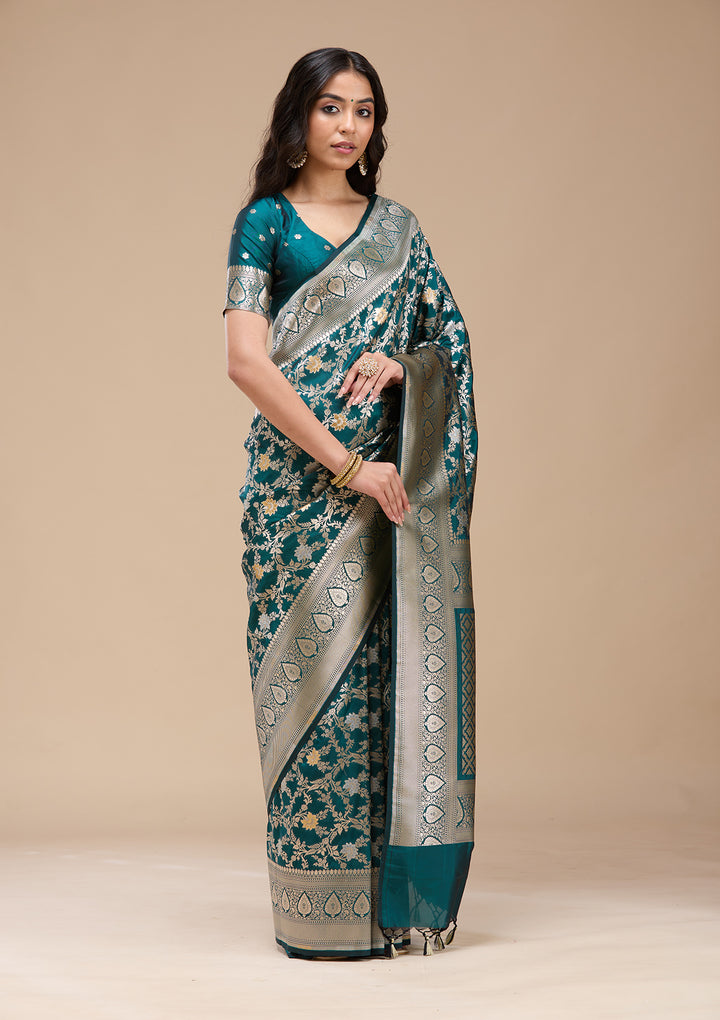 Peacock Blue Silk Jaal Gold Zariwork Saree With Matching Blouse Piece