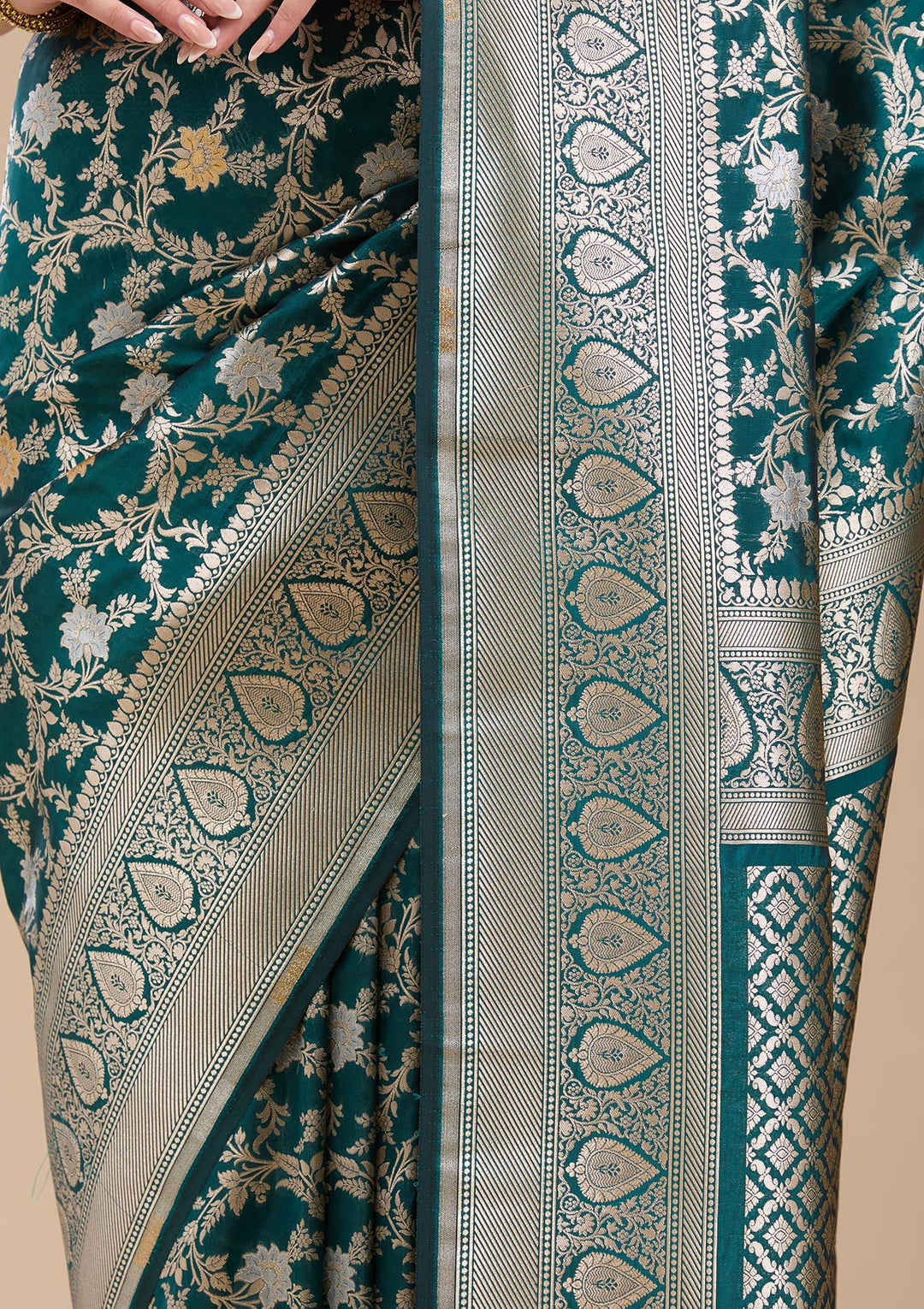 Peacock Blue Silk Jaal Gold Zariwork Saree With Matching Blouse Piece