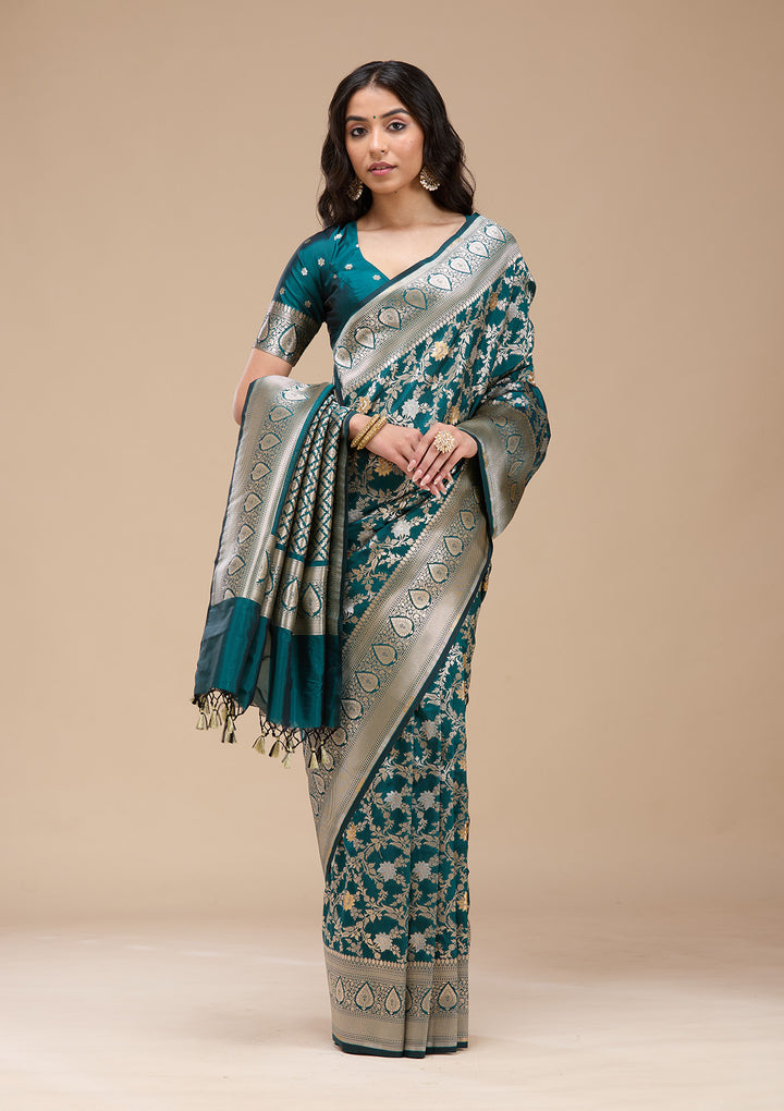 Peacock Blue Silk Jaal Gold Zariwork Saree With Matching Blouse Piece