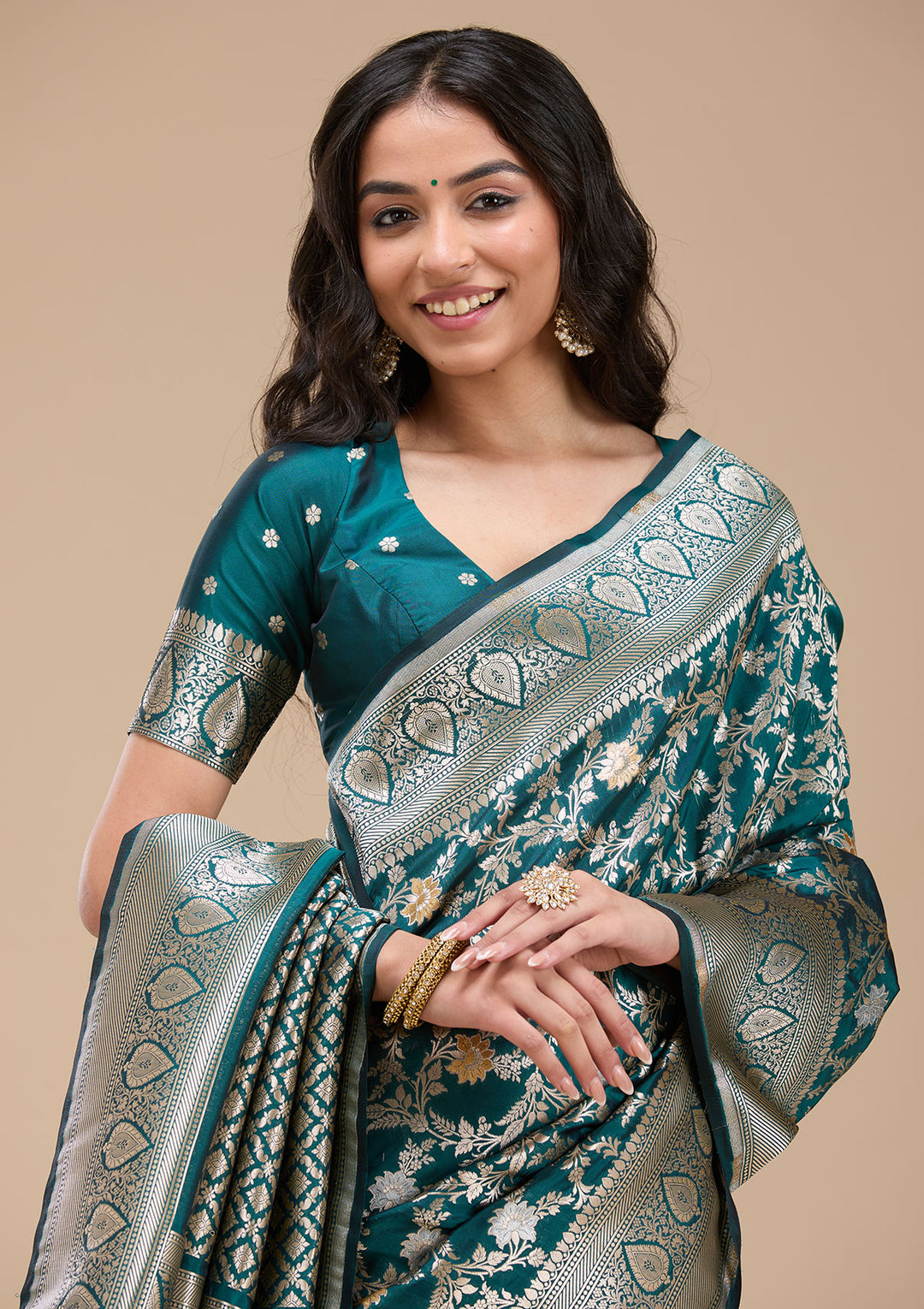 Peacock Blue Silk Jaal Gold Zariwork Saree With Matching Blouse Piece