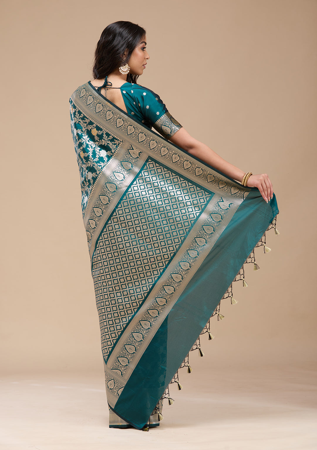 Peacock Blue Silk Jaal Gold Zariwork Saree With Matching Blouse Piece