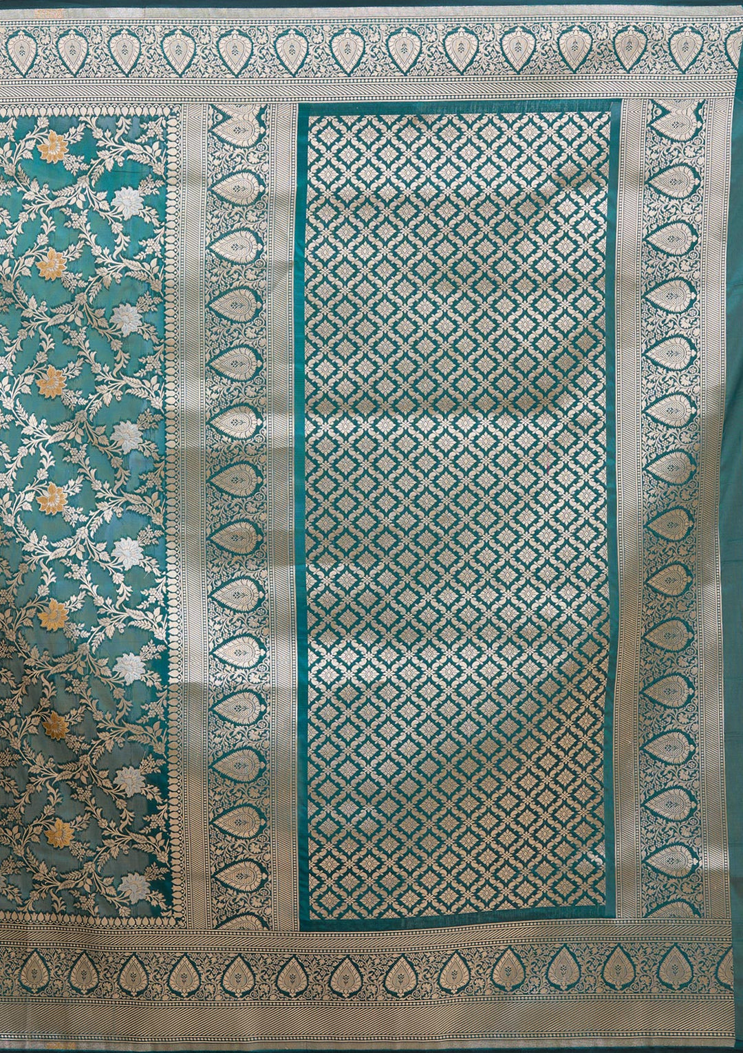 Peacock Blue Silk Jaal Gold Zariwork Saree With Matching Blouse Piece