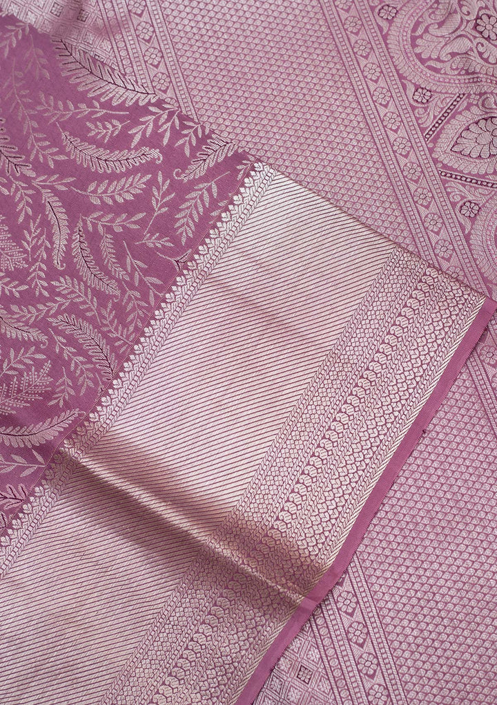 Lavender Silk Jaal Silver Zariwork Saree With Matching Blouse Piece
