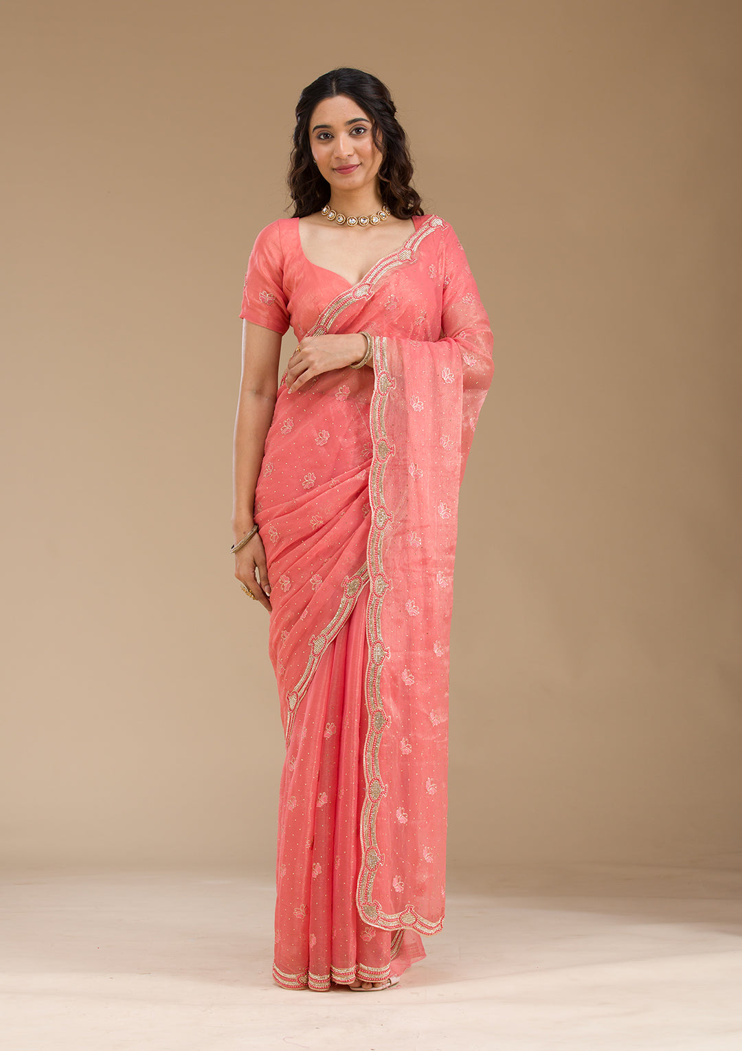Peach Stonework Tissue Saree