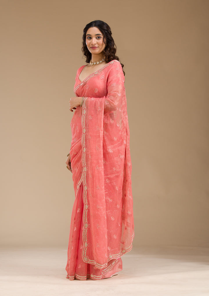 Peach Stonework Tissue Saree
